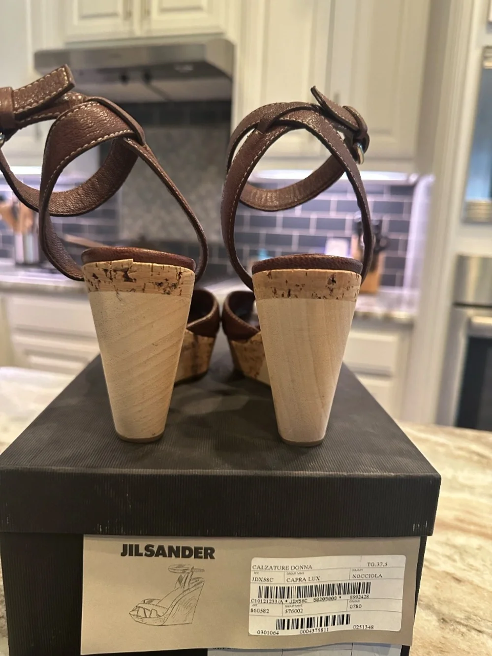 Jil Sander Y2K Leather Cork Wood Wedge Sandals Brown 37.5 Made in Italy